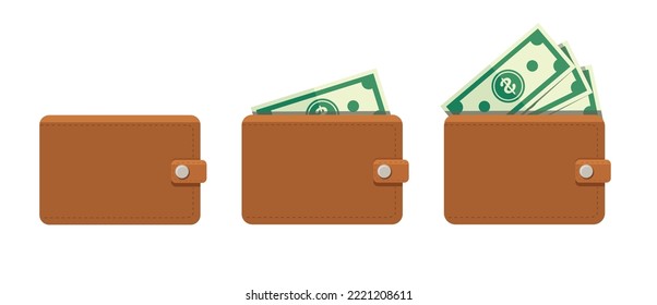 Brown wallet full of green dollars vector illustration