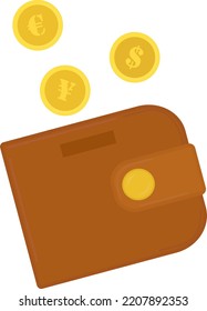 Brown wallet with gold coins. Gold coins fly into the wallet. Vector illustration on a white background, money saving ideas, cash income, financial success, enrichment, salary income icon.