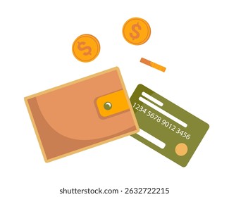 Brown wallet with golden coins floating into wallet cashback concept. Money management income financial saving online payments Flat cartoon vector illustration on white. Card and cash money concept.