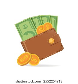 Brown wallet with green dollar banknotes and coins against a white background. Business and backing design element.