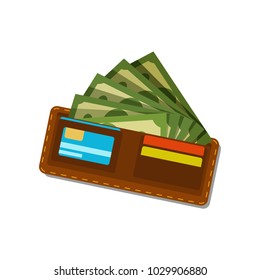 Brown wallet with green dollars and plastic credit cards. Paper money. American currency. Concept of financial well-being. Flat vector design for mobile app