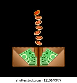 Brown wallet with green paper money. Coins fall into the wallet from above. Trendy concept for business, print, websites, finance, banks. Vector illustration for business on a black background.