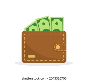 Brown wallet with green paper money. Business and finance symbol. Online payment concept. Wealth concept. Closed wallet with moneys. Vector illustration in cartoon style.