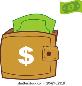 Brown wallet with green paper money. Wallet with Business Wallet with Money flat design isolated, icon vector Money. Icon vector. Online payment concept.