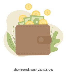 Brown wallet with green paper money and golden coins. Online payment concept. Finance, investment, money saving. Simple trendy cute cartoon object vector flat illustration