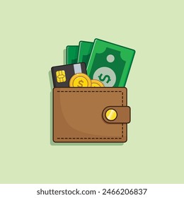 Brown wallet with green paper money. Wallet with money dollar bank note flat design isolated, icon vector Money Icon vector. wallet with money icon flat. Online payment concept.