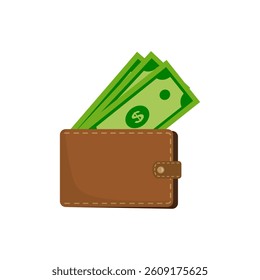 Brown wallet with green paper money. Wallet with money dollar bank note flat design isolated, icon vector Money Icon vector. wallet with money icon flat. Online payment concept.