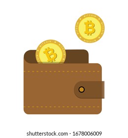 Icono de billetera marrón con dos Bitcoin sobre un fondo blanco. Ilustración vectorial.