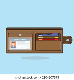 brown wallet for man flat vector,brown wallet opened, brown wallet with atm card, dollar,driver license and coins vector design,pocket, brown wallet flat design illustration