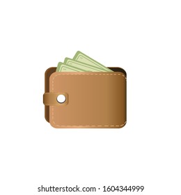 Brown wallet with money. The icon.