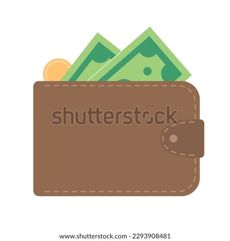Brown wallet with money inside in simple style. Purse with cash: green paper banknotes and coin. Vector flat illustration isolated on white background