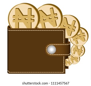 brown  wallet with naira coins on a white background , currency in the wallet,sign and symbol currency in the form of coins,design concept color