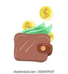 a brown wallet with orange buttons showing several green bills as well as several gold coins with dollar symbols. describes the concept of finance or wealth