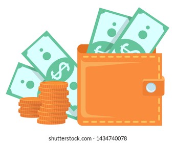 Brown wallet with two banknotes with dollar sign and two stacks of golden coins. Purse full of money, currency and cash equivalents isolated on white vector