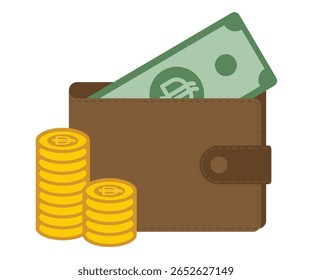 Carteira marrom com notas de dirham dos Emirados Árabes Unidos e pilha de moedas, ilustração vetorial plana para aplicativos financeiros, visuais de moeda e conteúdo econômico do Oriente Médio