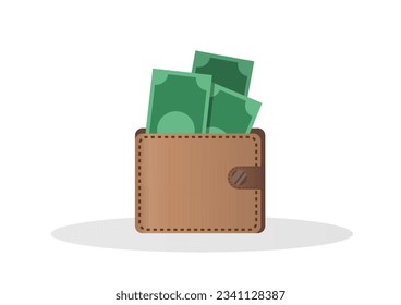 Brown wallet. Vector Illustration and Flat Design. Wallet with money dollar bank note flat design isolated, icon vector Money Icon vector. wallet with money icon flat. Online payment concept