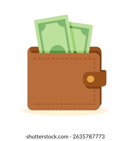 Brown wallet with visible paper bills sticking out, wallet illustration in flat cartoon style representing finance, spending, and travel-related money management concepts.
