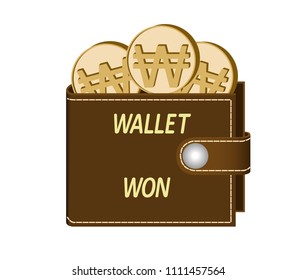brown  wallet with won coins on a white background , currency in the wallet,sign and symbol currency in the form of coins,design concept color , words wallet won on the face of the wallet
