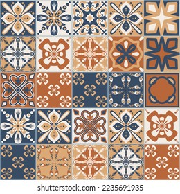 Brown walnut ceramic tiles for design, square vintage spanish patchwork style, vector illustration