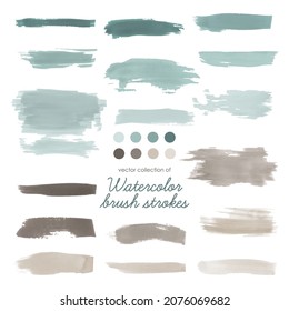 Brown Water Brushstrokes. Trace of Dirty Hand Drawn Stains. Graphic Spray Set. Beige Watercolor Strokes Element. Vector Abstract Texture. Art Drawn Stripes. Blue Brush strokes Banner.