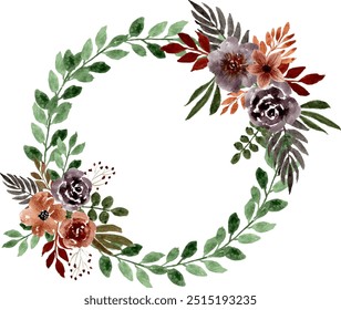 Brown Watercolor Flower Arrangement Wreath. Flower frame