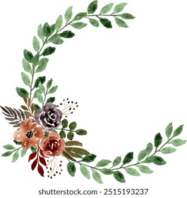 Brown Watercolor Flower Arrangement Wreath. Flower frame