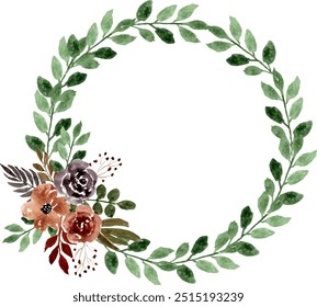 Brown Watercolor Flower Arrangement Wreath. Flower frame