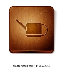 Brown Watering can icon isolated on white background. Irrigation symbol. Wooden square button. Vector Illustration
