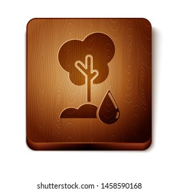 Brown Watering Tree icon isolated on white background. Forest symbol. Irrigation symbol. Wooden square button. Vector Illustration