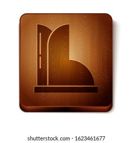 Brown Waterproof rubber boot icon isolated on white background. Gumboots for rainy weather, fishing, gardening. Wooden square button. Vector Illustration