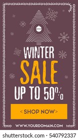 Brown web banner winter sale with tree and yellow button shop now