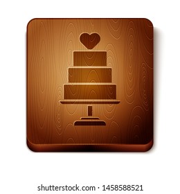 Brown Wedding cake with heart icon isolated on white background. Wooden square button. Vector Illustration