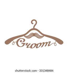 Brown wedding hangers with handdrawn groom word and moustache. Element for your wedding designs, business projects, logo, and scrollsaw wedding art.