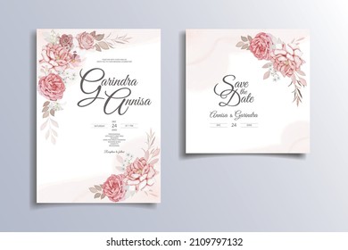 Brown wedding invitation template set with floral frame Premium Vector