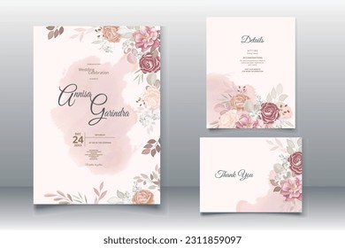Plantilla de invitación de boda marrón con marco floral Vector Premium
