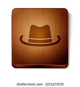 Brown Western cowboy hat icon isolated on white background. Wooden square button. Vector