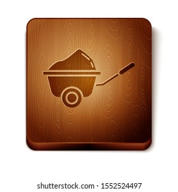 Brown Wheelbarrow with dirt icon isolated on white background. Tool equipment. Agriculture cart wheel farm. Wooden square button. Vector Illustration