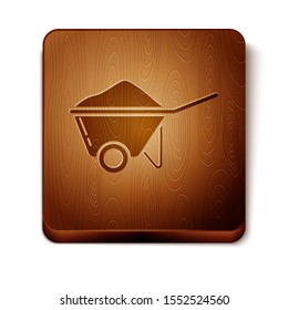 Brown Wheelbarrow with dirt icon isolated on white background. Tool equipment. Agriculture cart wheel farm. Wooden square button. Vector Illustration