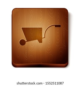 Brown Wheelbarrow icon isolated on white background. Tool equipment. Agriculture cart wheel farm. Wooden square button. Vector Illustration