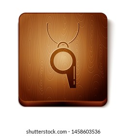 Brown Whistle icon isolated on white background. Referee symbol. Fitness and sport sign. Wooden square button. Vector Illustration
