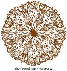 Brown and white abstract pattern with leaves and flowers. Doodle. Hand drawn zentagles. Coloring book. Mandala.