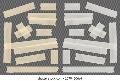 Brown and white adhesive, sticky, masking, duct tape, paper strips pieces for text on squared black background.