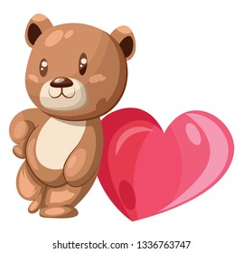Brown and white bear leaning on a big pink heart vector illustration on white background.