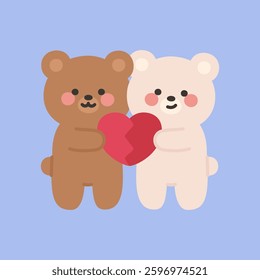 Brown and White Bears Holding a Red Heart Together Vector Illustration