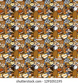 Brown, white and black color. Seamless pattern with sweet desserts. Vector illustration. Endless pattern, brown, white and black background. Cream. Wrapping paper.