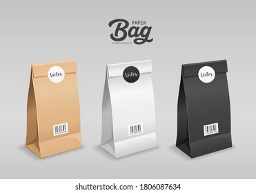 Brown, White, Black Paper Bag Folded, Mouth Bag There Are Circle Stickers And Barcodes, Template Collection Design, Isolated On Gray Background Eps 10 Vector Illustration