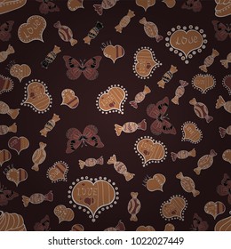 Brown, white and black Vector illustration. Seamless pattern with Ethnic Hearts, in retro 80s style for fabric print, paper print and website backdrop. Valentines Day.