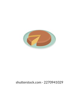 Una manta marrón y blanca sobre un fondo blanco. Un trozo de tarta está sobre un plato con un trozo de queso.