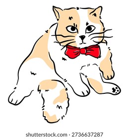  a brown and white cat with a red bow tie