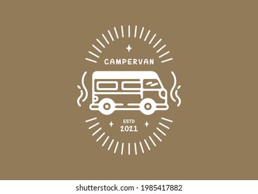 Brown white color of campervan line art badge design